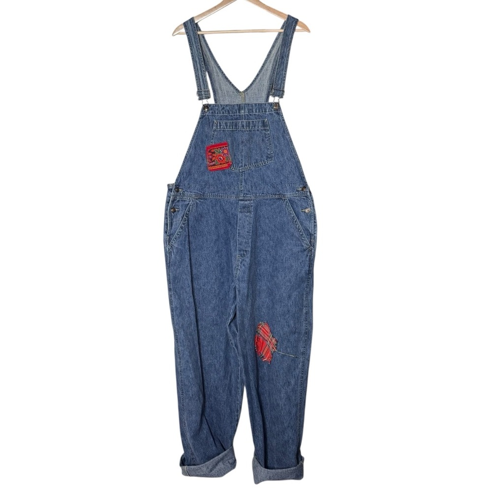 Vintage Denim Patchwork Tapered Jean Overalls Size XLT Button Closure Pockets